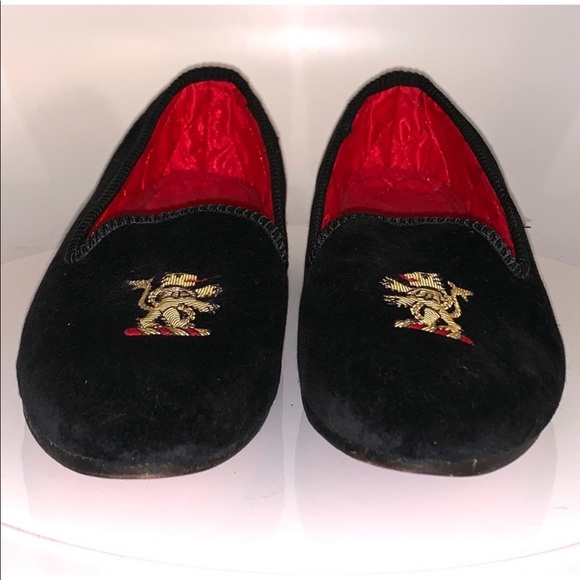 English Velvet Burlington Slippers gold Rampant Lion Embroidery crest like new - Picture 12 of 16
